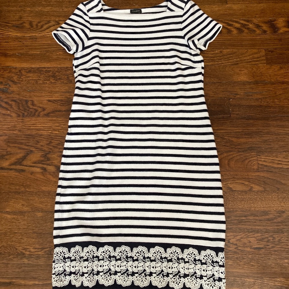 Talbots Dress Striped Cotton Knee Length Embroidered Nautical S Small Talbots